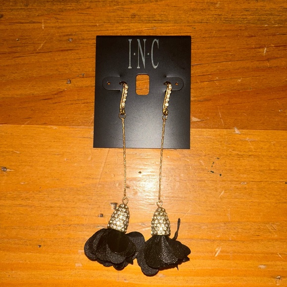 INC International Concepts Gold Black Flower Drop  Earrings with Crystals - Picture 1 of 4